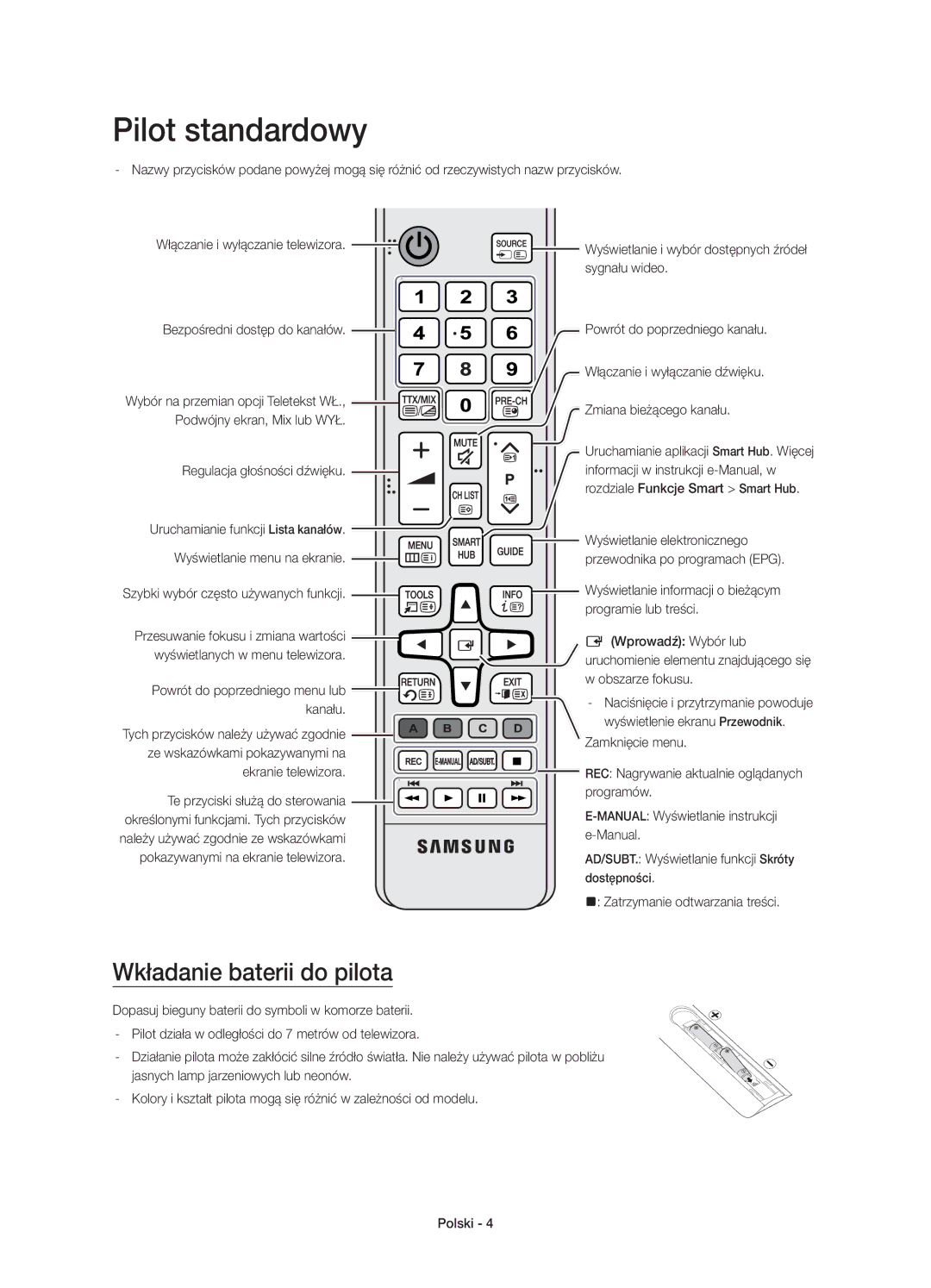 Samsung UE88JS9500LXXH, UE65JS9500LXXH, UE65JS9500LXXN, UE78JS9500LXXH manual Pilot standardowy, Wkładanie baterii do pilota 