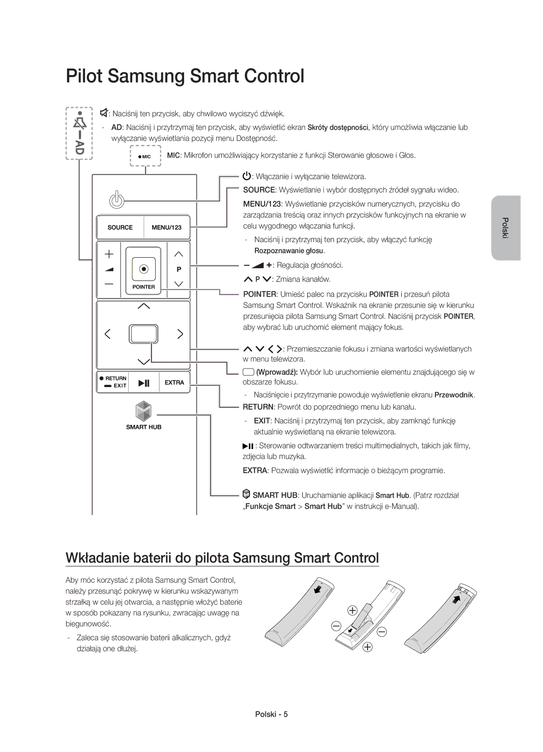 Samsung UE78JS9502TXXH Pilot Samsung Smart Control, Wkładanie baterii do pilota Samsung Smart Control, Zmiana kanałów 