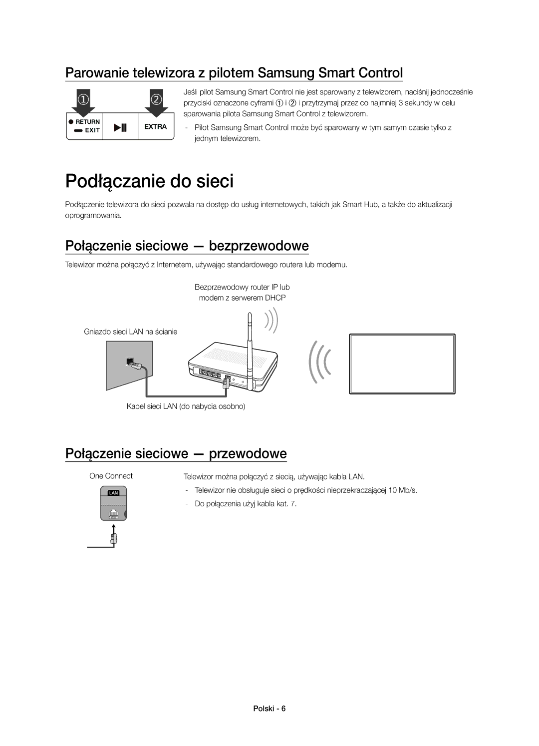 Samsung UE88JS9500LXXN, UE65JS9500LXXH manual Podłączanie do sieci, Parowanie telewizora z pilotem Samsung Smart Control 