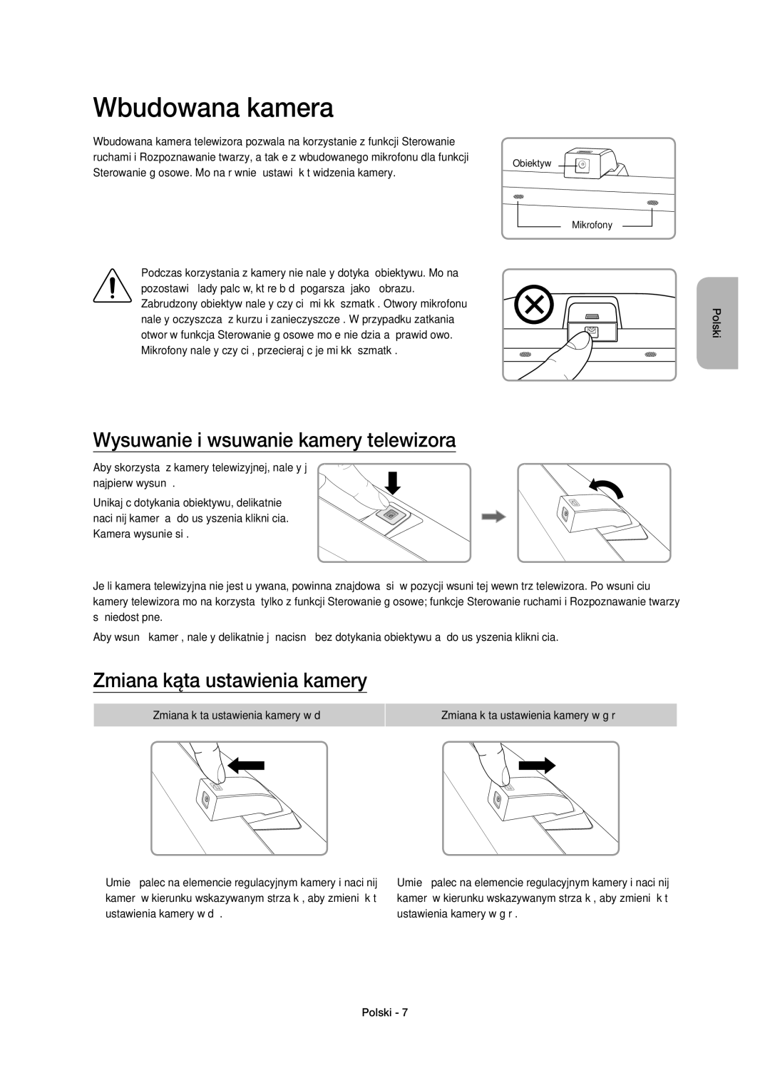 Samsung UE78JS9500LXXN manual Wbudowana kamera, Wysuwanie i wsuwanie kamery telewizora, Zmiana kąta ustawienia kamery 