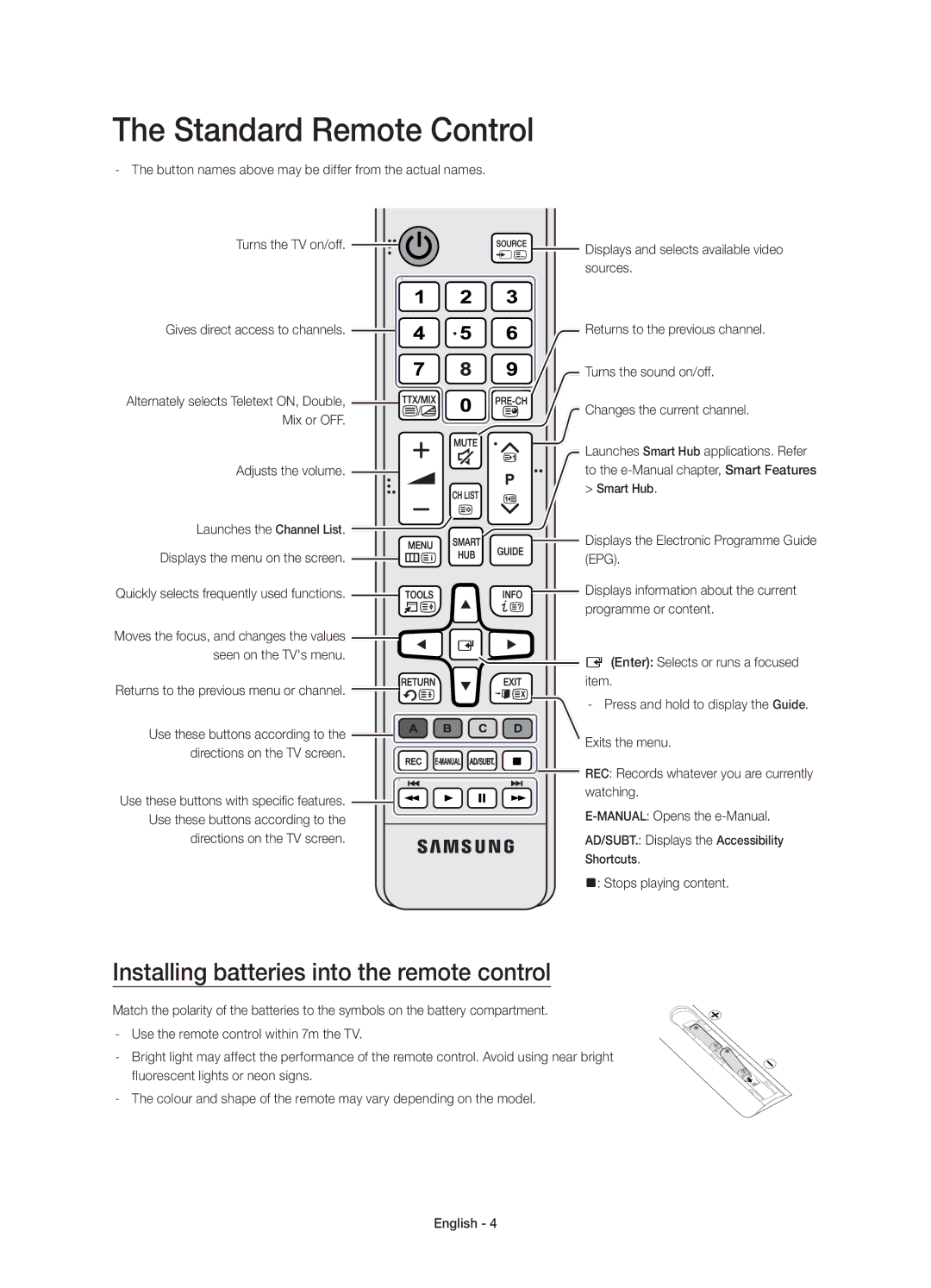 Samsung UE65JS9502TXXH manual Standard Remote Control, Installing batteries into the remote control, Adjusts the volume 