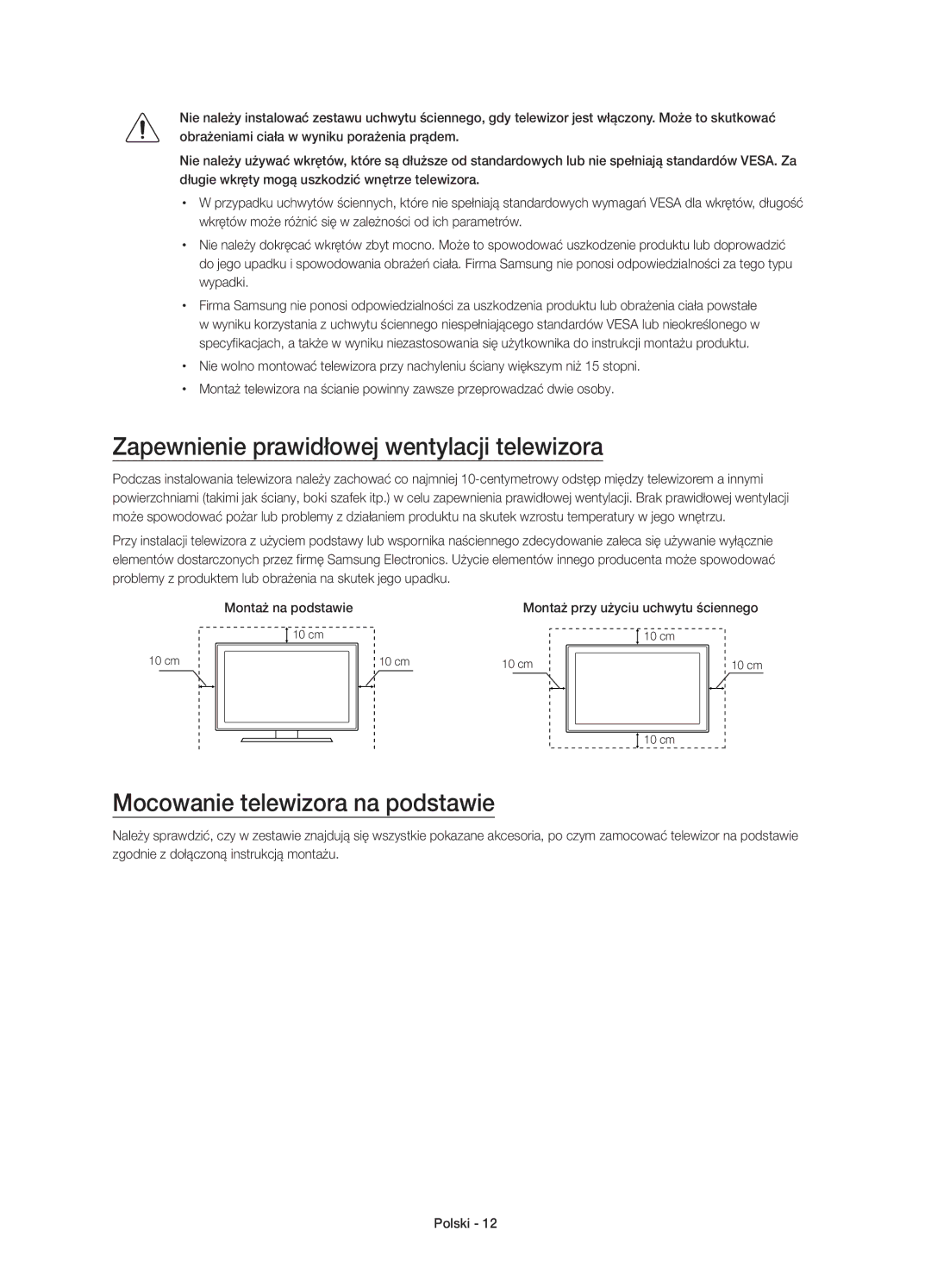 Samsung UE65JS9502TXXH, UE65JS9500LXXH Zapewnienie prawidłowej wentylacji telewizora, Mocowanie telewizora na podstawie 