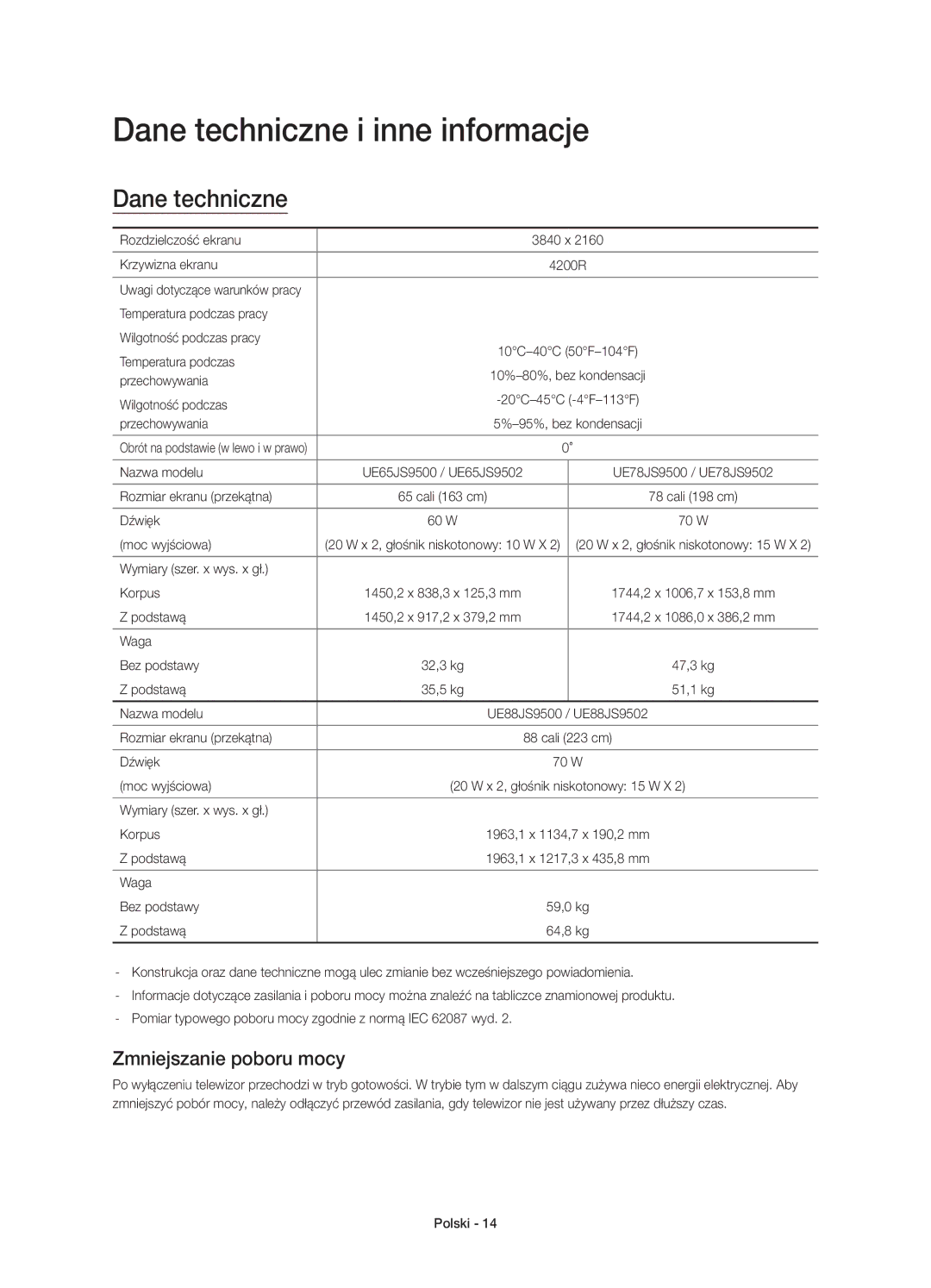 Samsung UE78JS9502TXXH, UE65JS9500LXXH, UE65JS9500LXXN manual Dane techniczne i inne informacje, Zmniejszanie poboru mocy 