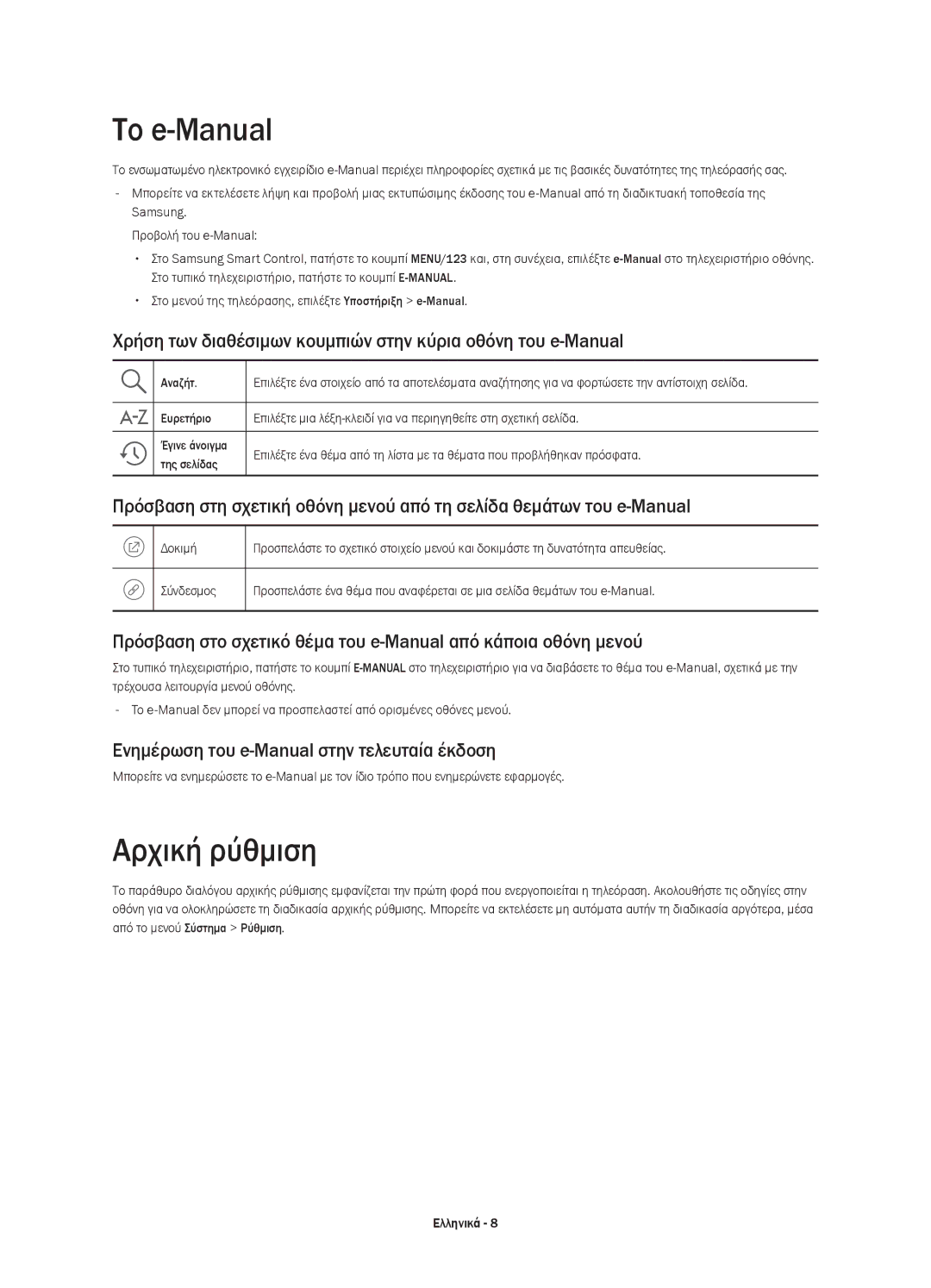 Samsung UE88JS9500LXXH manual Το e-Manual, Αρχική ρύθμιση, Χρήση των διαθέσιμων κουμπιών στην κύρια οθόνη του e-Manual 