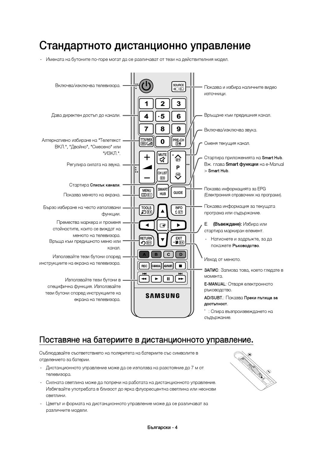 Samsung UE78JS9502TXXH manual Стандартното дистанционно управление, Поставяне на батериите в дистанционното управление 