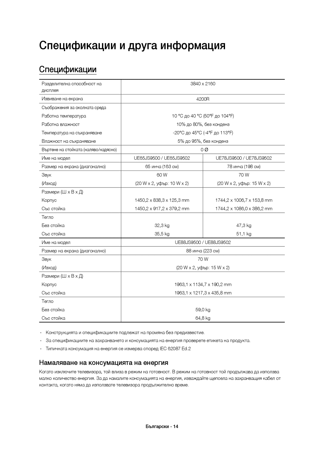 Samsung UE88JS9500LXXN, UE65JS9500LXXH manual Спецификации и друга информация, Намаляване на консумацията на енергия 