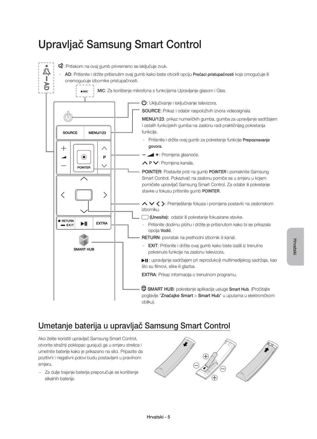 Samsung UE88JS9502TXXH Upravljač Samsung Smart Control, Umetanje baterija u upravljač Samsung Smart Control, Funkcija 