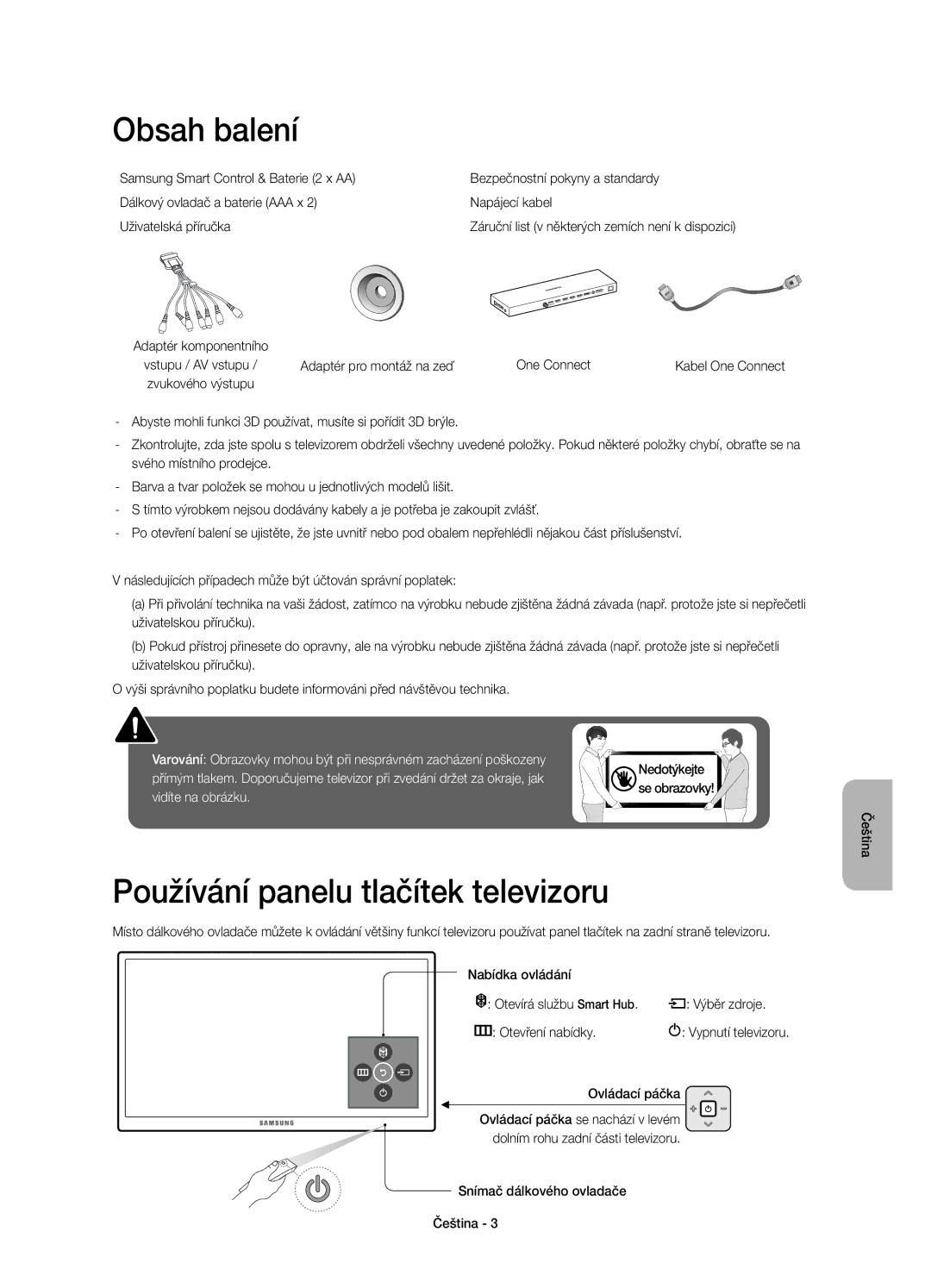 Samsung UE78JS9502TXXH manual Obsah balení, Používání panelu tlačítek televizoru, Adaptér pro montáž na zeď One Connect 