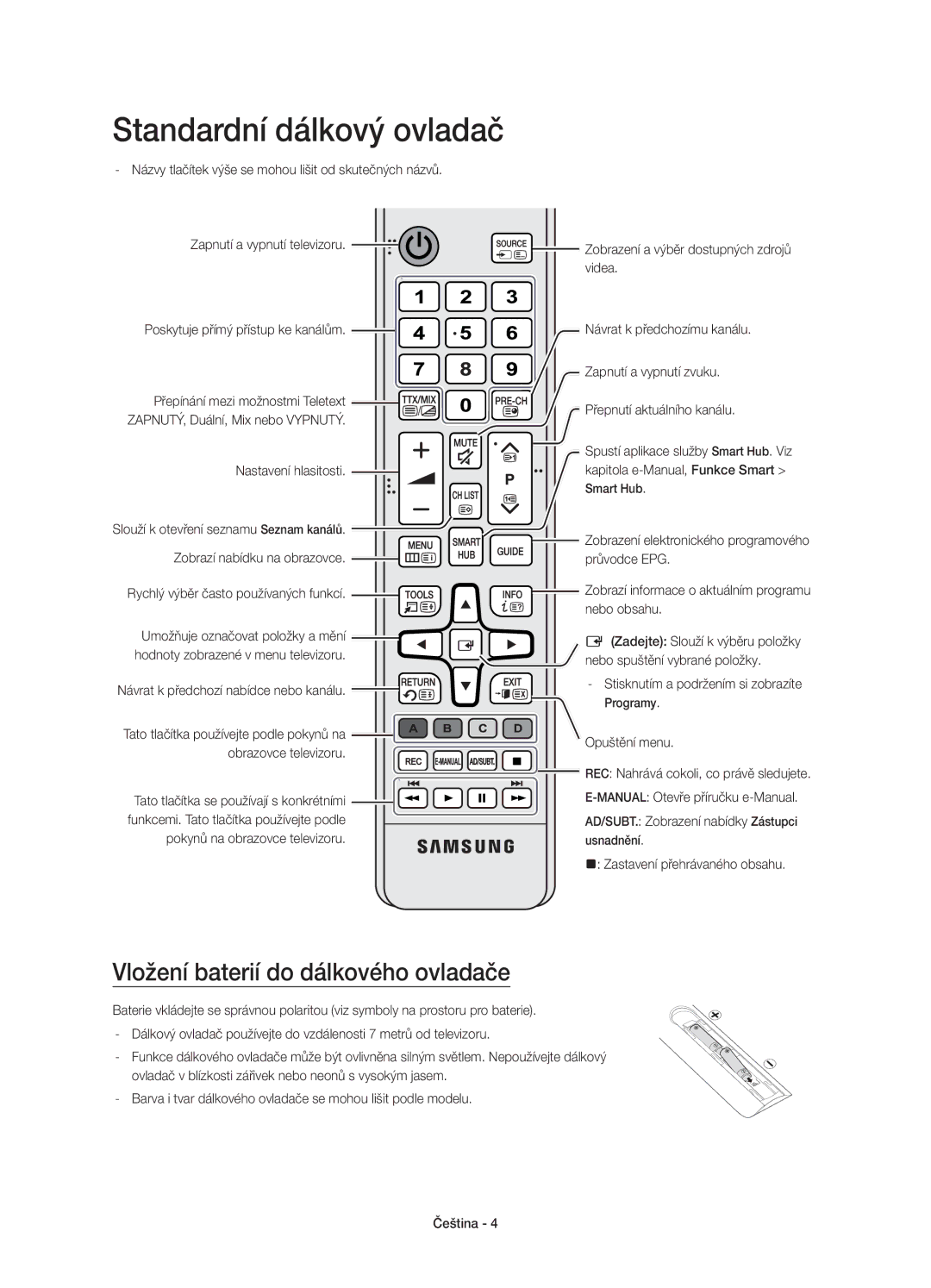 Samsung UE88JS9500LXXN manual Standardní dálkový ovladač, Vložení baterií do dálkového ovladače, Nastavení hlasitosti 