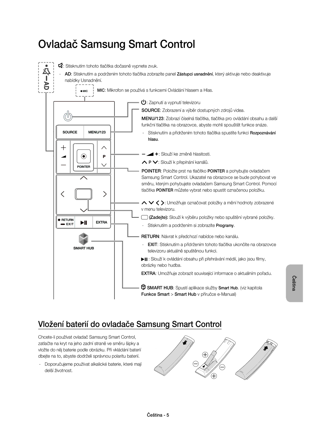 Samsung UE78JS9500LXXN, UE65JS9500LXXH Ovladač Samsung Smart Control, Vložení baterií do ovladače Samsung Smart Control 