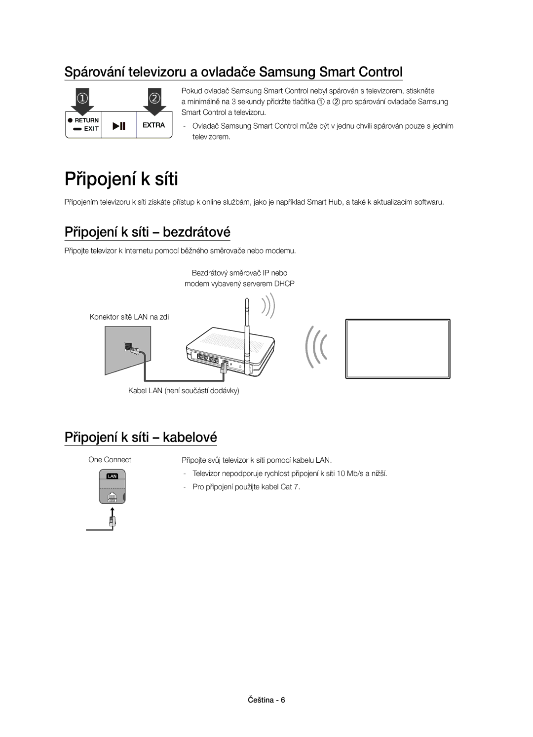 Samsung UE65JS9500LXXH manual Spárování televizoru a ovladače Samsung Smart Control, Připojení k síti kabelové 