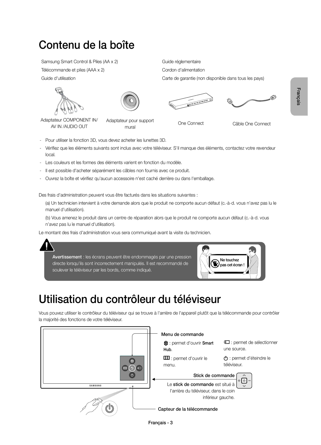 Samsung UE88JS9500TXZF, UE65JS9500LXXH manual Contenu de la boîte, Utilisation du contrôleur du téléviseur, Une source 