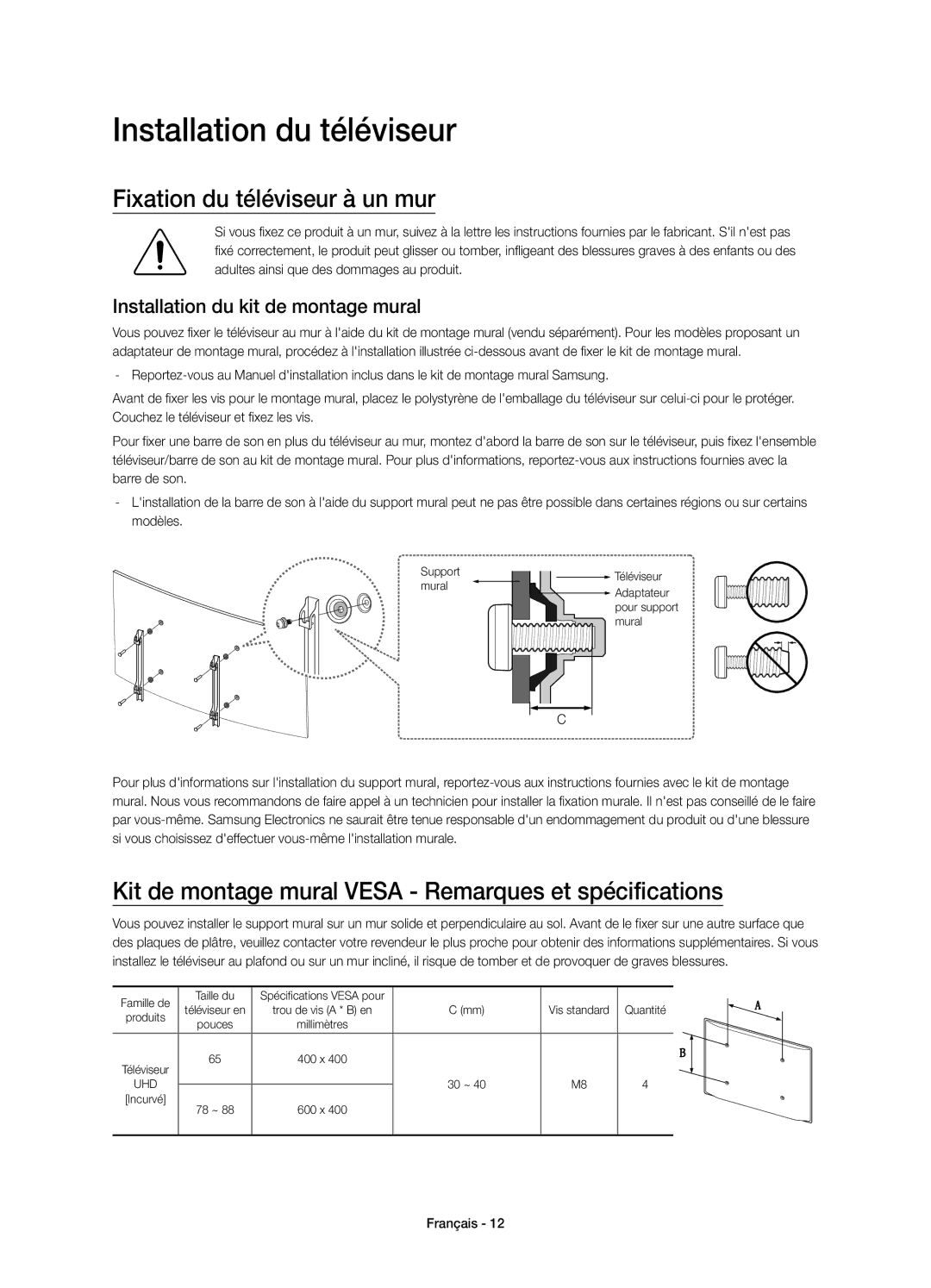 Samsung UE65JS9500TXXC Installation du téléviseur, Fixation du téléviseur à un mur, Installation du kit de montage mural 