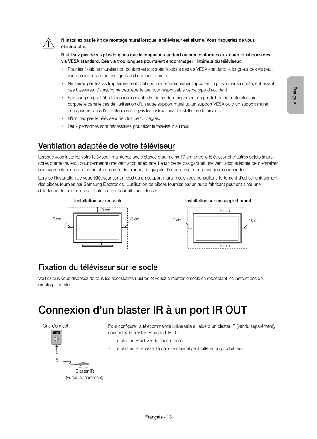 Samsung UE88JS9500TXXC, UE65JS9500LXXH Connexion dun blaster IR à un port IR OUT, Ventilation adaptée de votre téléviseur 