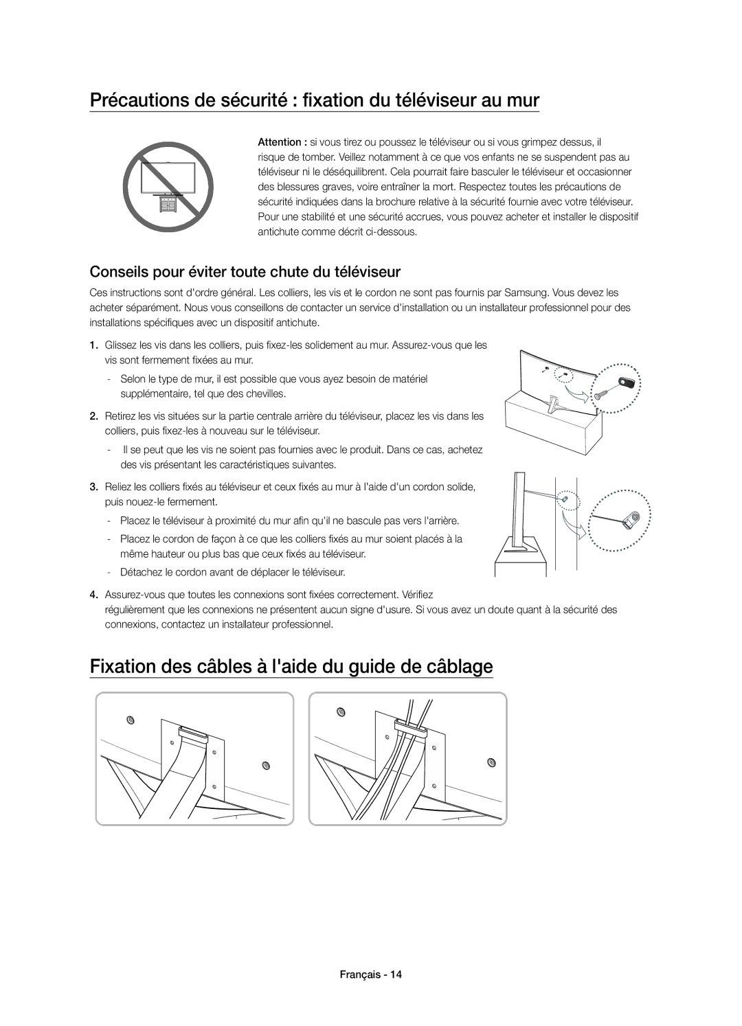 Samsung UE88JS9500LXXH, UE65JS9500LXXH, UE88JS9500TXZF, UE65JS9500TXZF Précautions de sécurité fixation du téléviseur au mur 