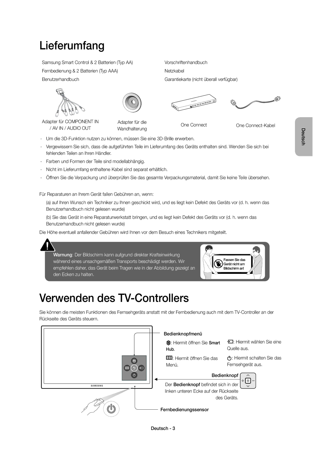 Samsung UE78JS9500LXXN Lieferumfang, Verwenden des TV-Controllers, Adapter für die One Connect, Wandhalterung, Quelle aus 