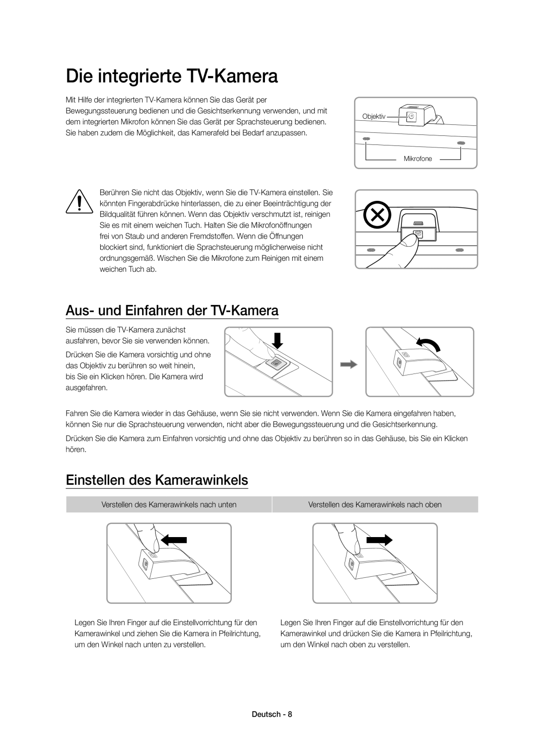 Samsung UE88JS9500TXZT manual Die integrierte TV-Kamera, Aus- und Einfahren der TV-Kamera, Einstellen des Kamerawinkels 