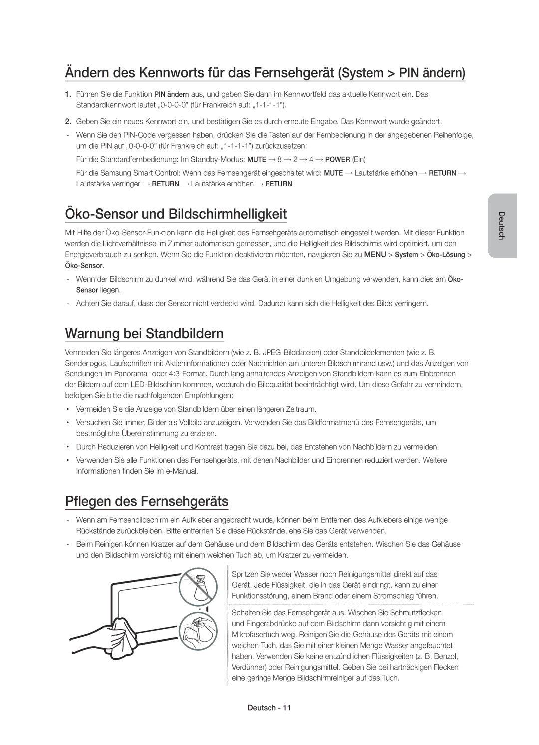 Samsung UE65JS9500LXXN Ändern des Kennworts für das Fernsehgerät System PIN ändern, Öko-Sensor und Bildschirmhelligkeit 