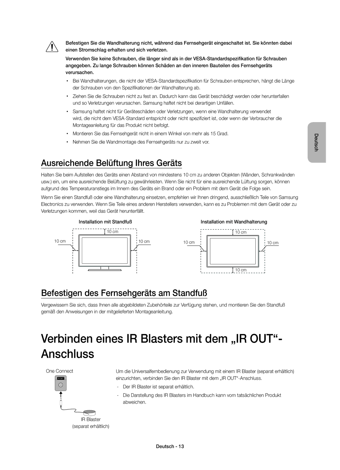 Samsung UE78JS9500TXXC manual Verbinden eines IR Blasters mit dem „IR OUT- Anschluss, Ausreichende Belüftung Ihres Geräts 