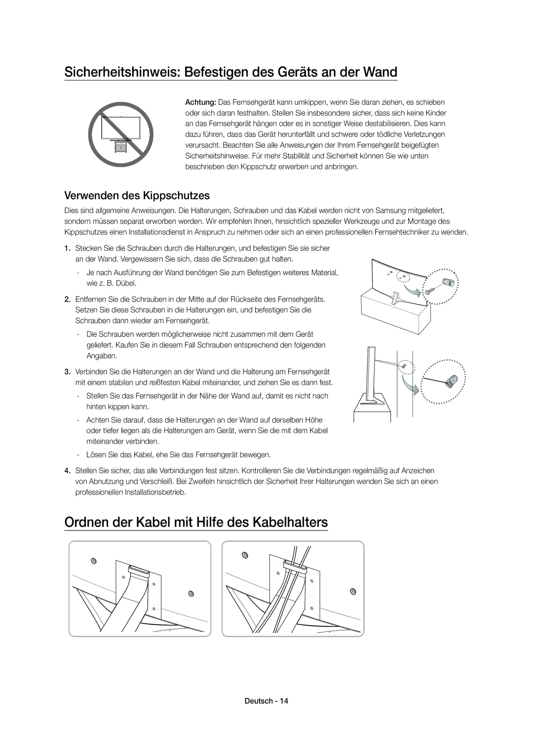 Samsung UE65JS9500TXXC Sicherheitshinweis Befestigen des Geräts an der Wand, Ordnen der Kabel mit Hilfe des Kabelhalters 