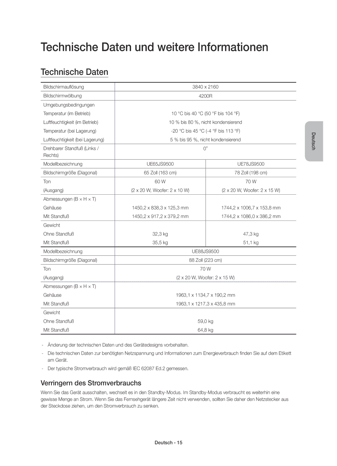 Samsung UE88JS9500TXXC, UE65JS9500LXXH manual Technische Daten und weitere Informationen, Verringern des Stromverbrauchs 