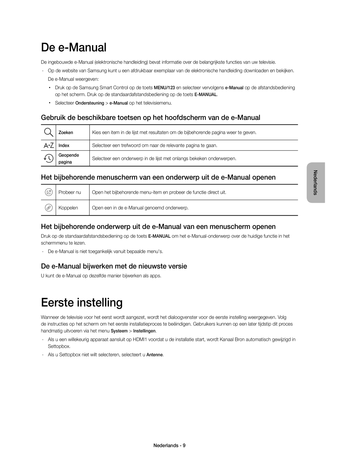 Samsung UE78JS9500TXZF, UE65JS9500LXXH, UE88JS9500TXZF Eerste instelling, De e-Manual bijwerken met de nieuwste versie 