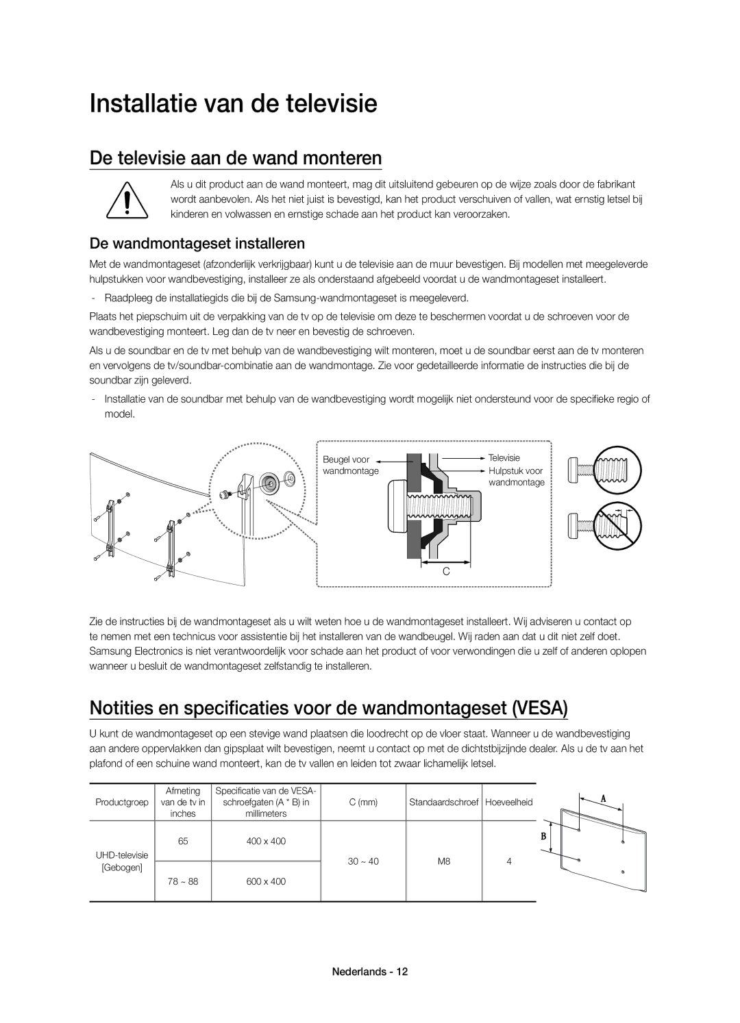 Samsung UE65JS9500TXZT Installatie van de televisie, De televisie aan de wand monteren, De wandmontageset installeren 