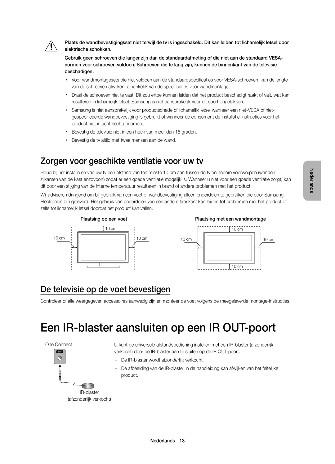 Samsung UE65JS9500LXXN manual Een IR-blaster aansluiten op een IR OUT-poort, Zorgen voor geschikte ventilatie voor uw tv 