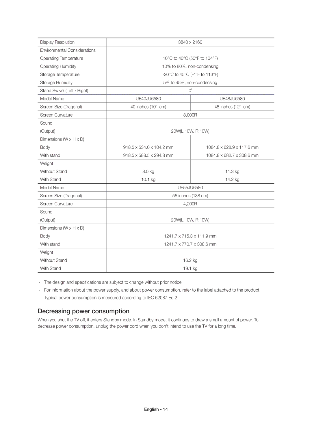 Samsung UE40JU6570UXTK, UE65JU6560UXZG, UE40JU6550UXZG, UE55JU6560UXZG, UE55JU6550UXZG manual Decreasing power consumption 