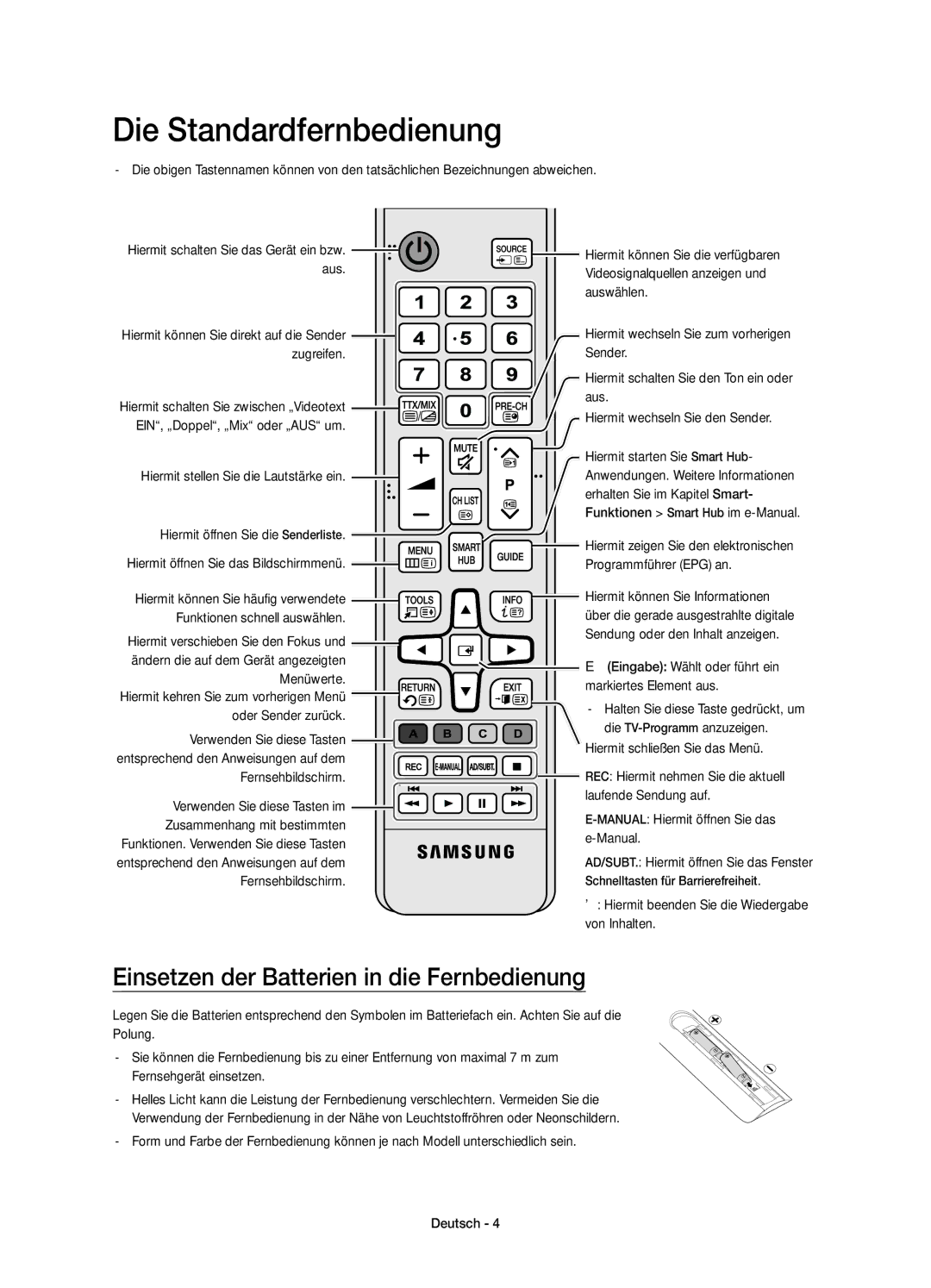 Samsung UE40JU6570UXZF, UE65JU6560UXZG manual Die Standardfernbedienung, Einsetzen der Batterien in die Fernbedienung 