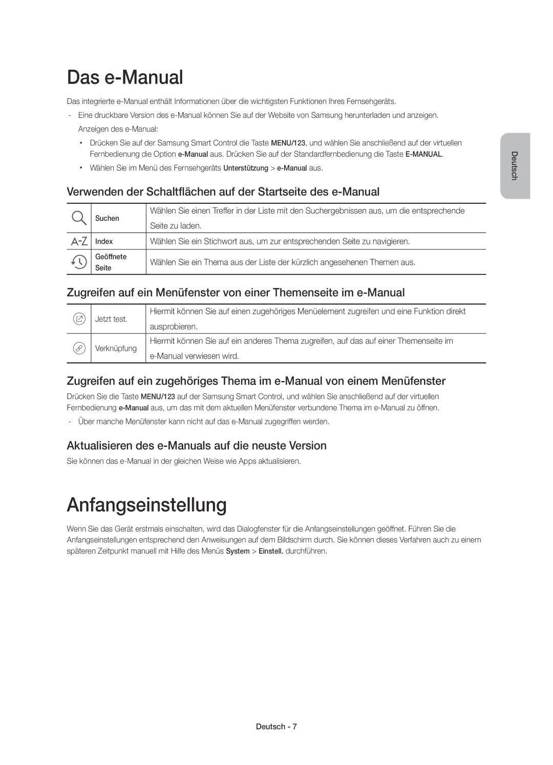 Samsung UE65JU6570UXZG manual Das e-Manual, Anfangseinstellung, Verwenden der Schaltflächen auf der Startseite des e-Manual 