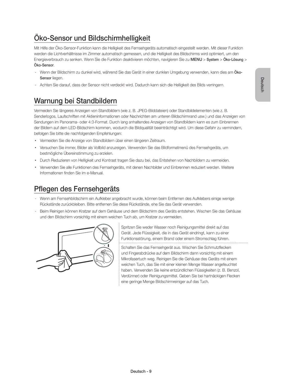 Samsung UE40JU6550UXZG manual Öko-Sensor und Bildschirmhelligkeit, Warnung bei Standbildern, Pflegen des Fernsehgeräts 