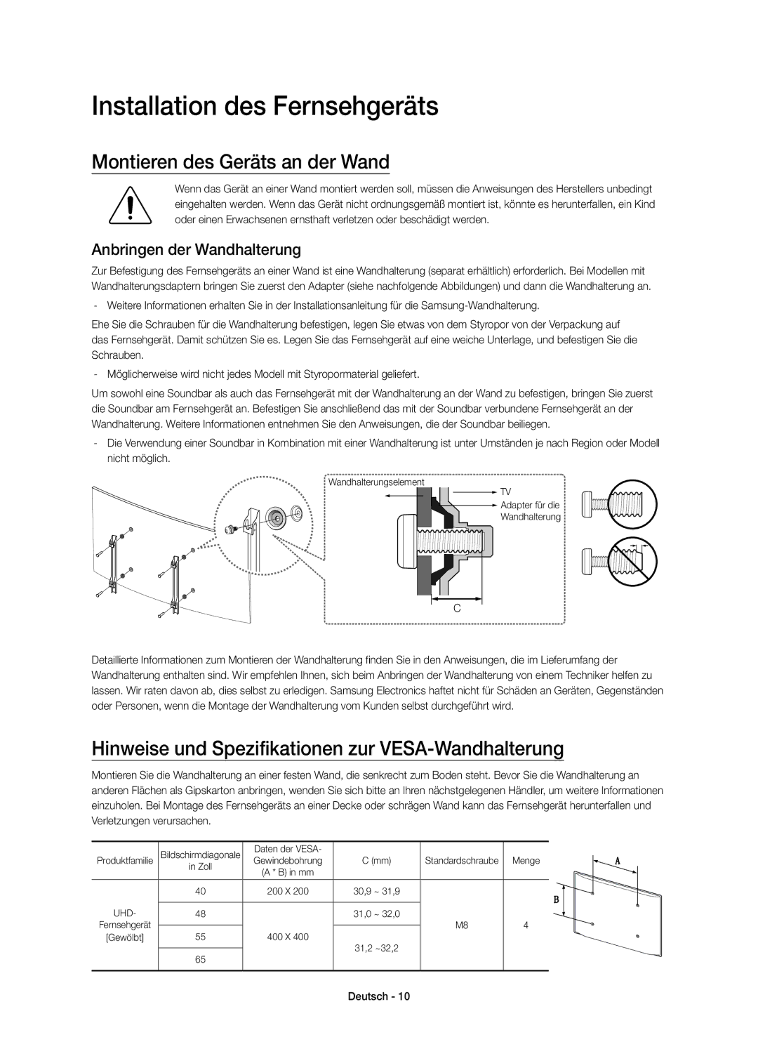 Samsung UE55JU6560UXZG manual Installation des Fernsehgeräts, Montieren des Geräts an der Wand, Anbringen der Wandhalterung 