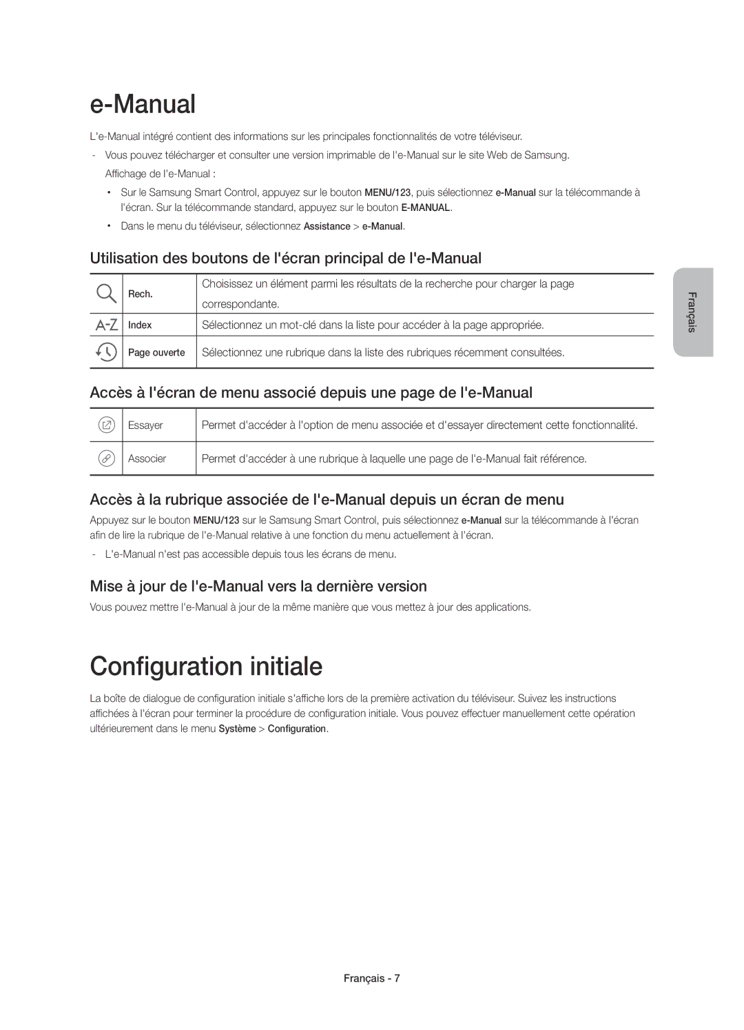 Samsung UE40JU6580UXZG manual Configuration initiale, Utilisation des boutons de lécran principal de le-Manual 