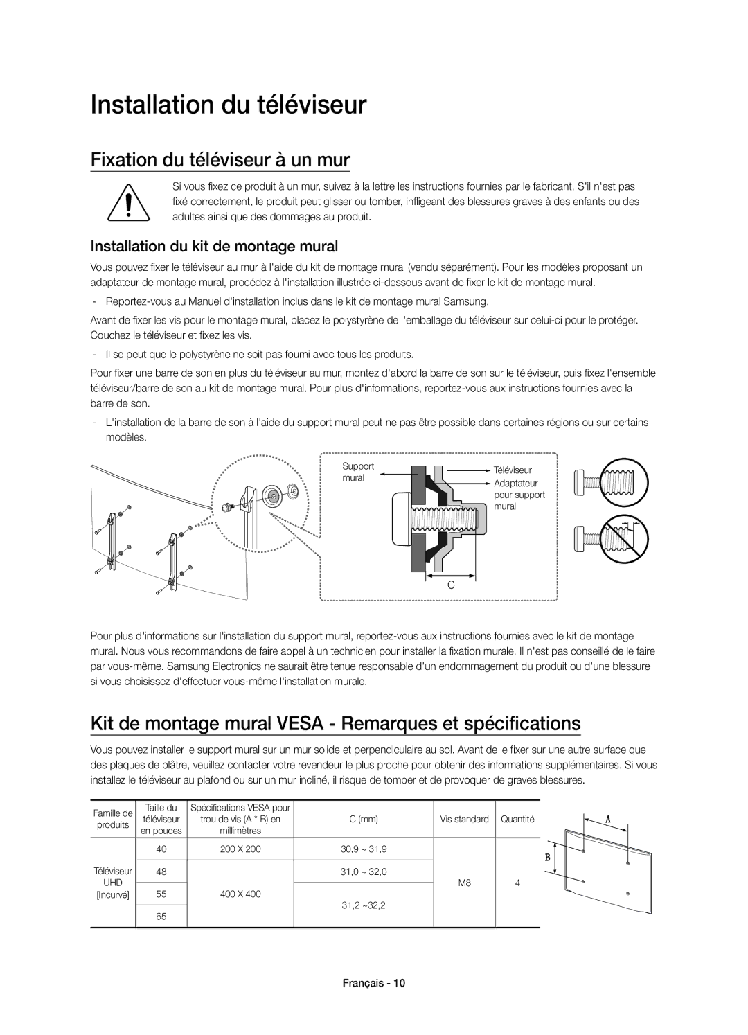 Samsung UE55JU6570UXZF Installation du téléviseur, Fixation du téléviseur à un mur, Installation du kit de montage mural 