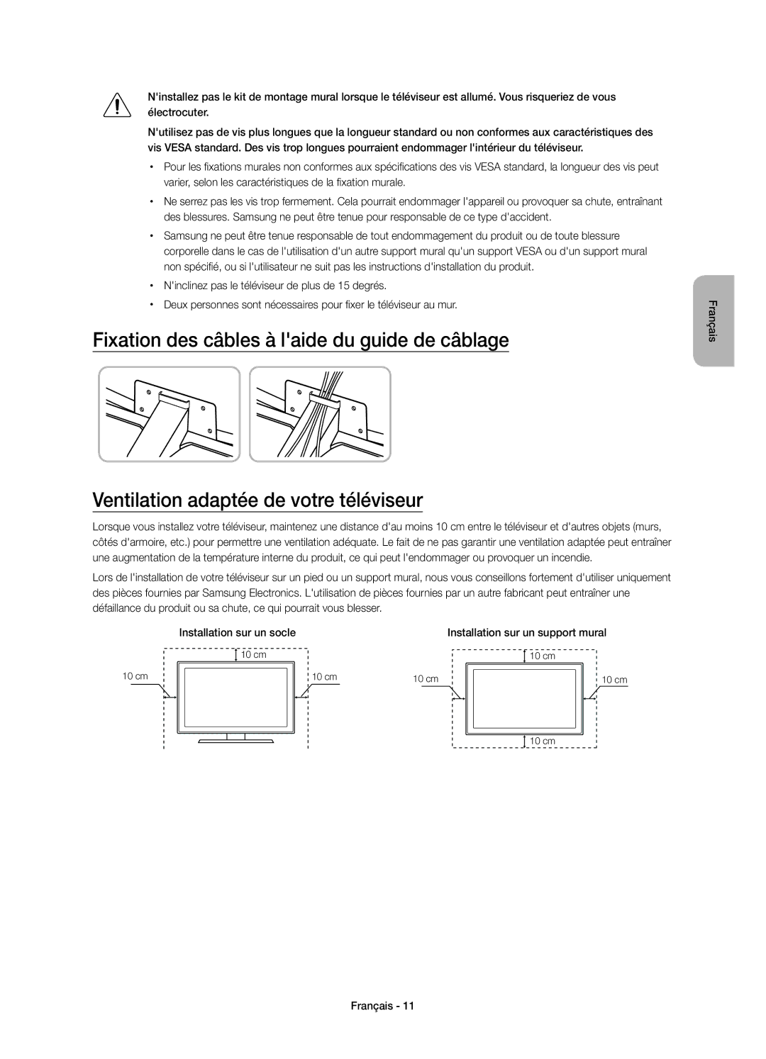 Samsung UE65JU6570UXZF, UE65JU6560UXZG, UE40JU6550UXZG, UE55JU6560UXZG, UE55JU6550UXZG manual Installation sur un support mural 