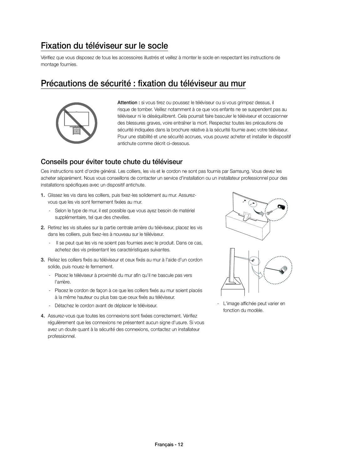 Samsung UE40JU6570UXZF manual Fixation du téléviseur sur le socle, Précautions de sécurité fixation du téléviseur au mur 