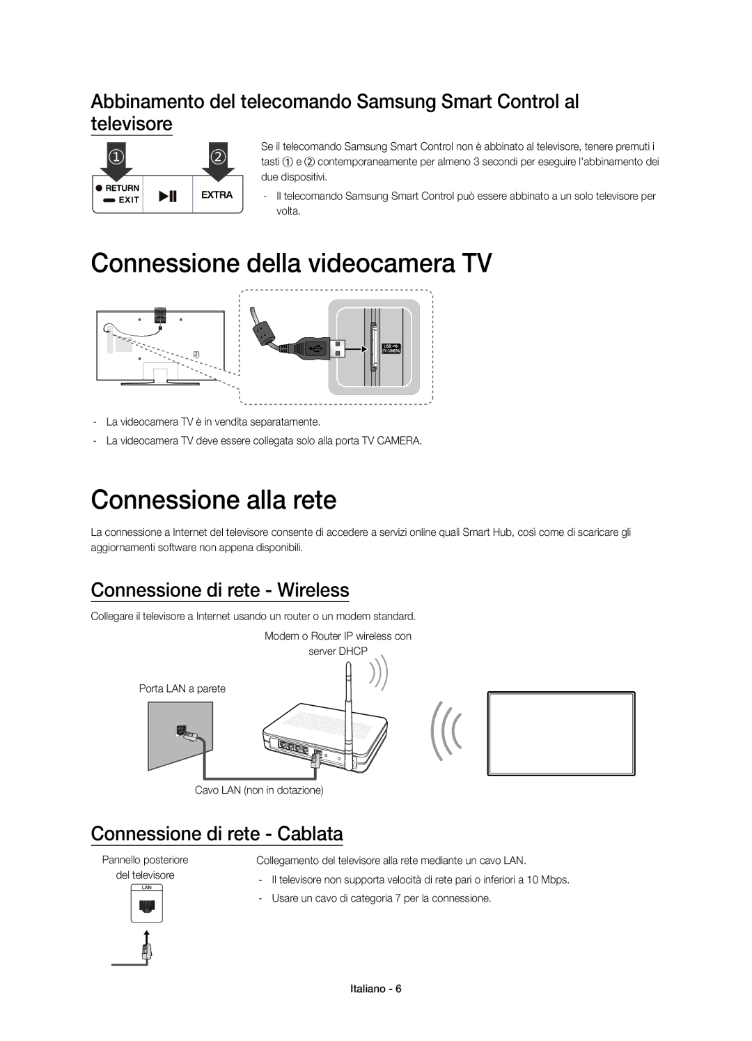 Samsung UE55JU6580UXZG manual Connessione della videocamera TV, Connessione alla rete, Connessione di rete Wireless 