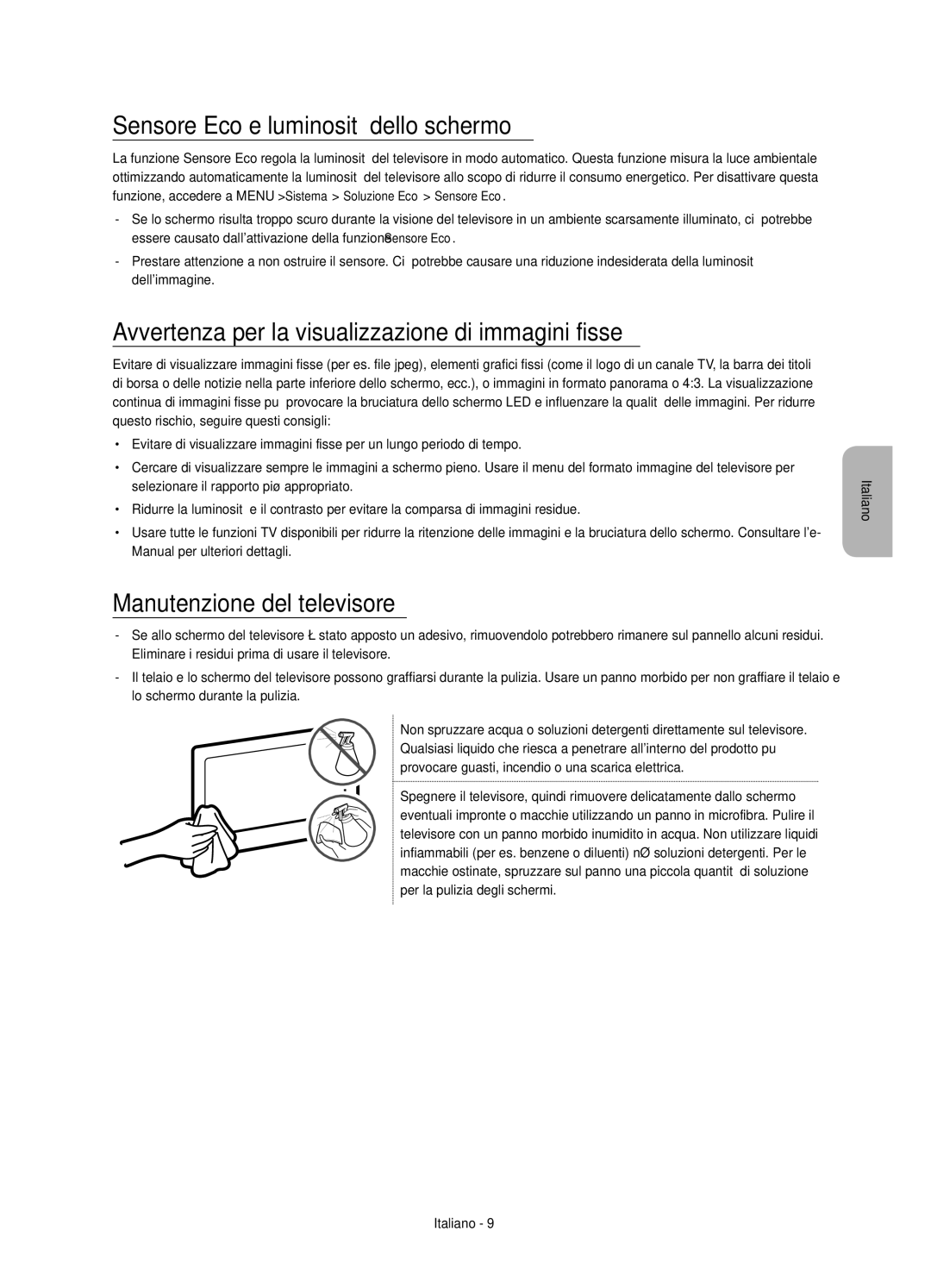 Samsung UE40JU6570UXZG manual Sensore Eco e luminosità dello schermo, Avvertenza per la visualizzazione di immagini fisse 