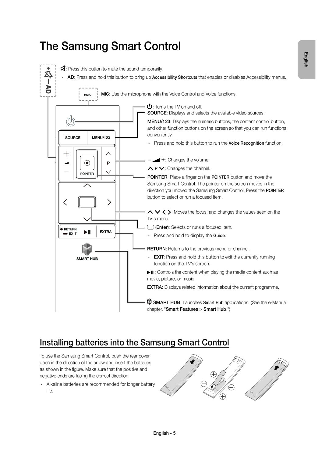 Samsung UE48JU6515UXXE, UE65JU6575UXXE, UE40JU6575UXXE manual Installing batteries into the Samsung Smart Control 