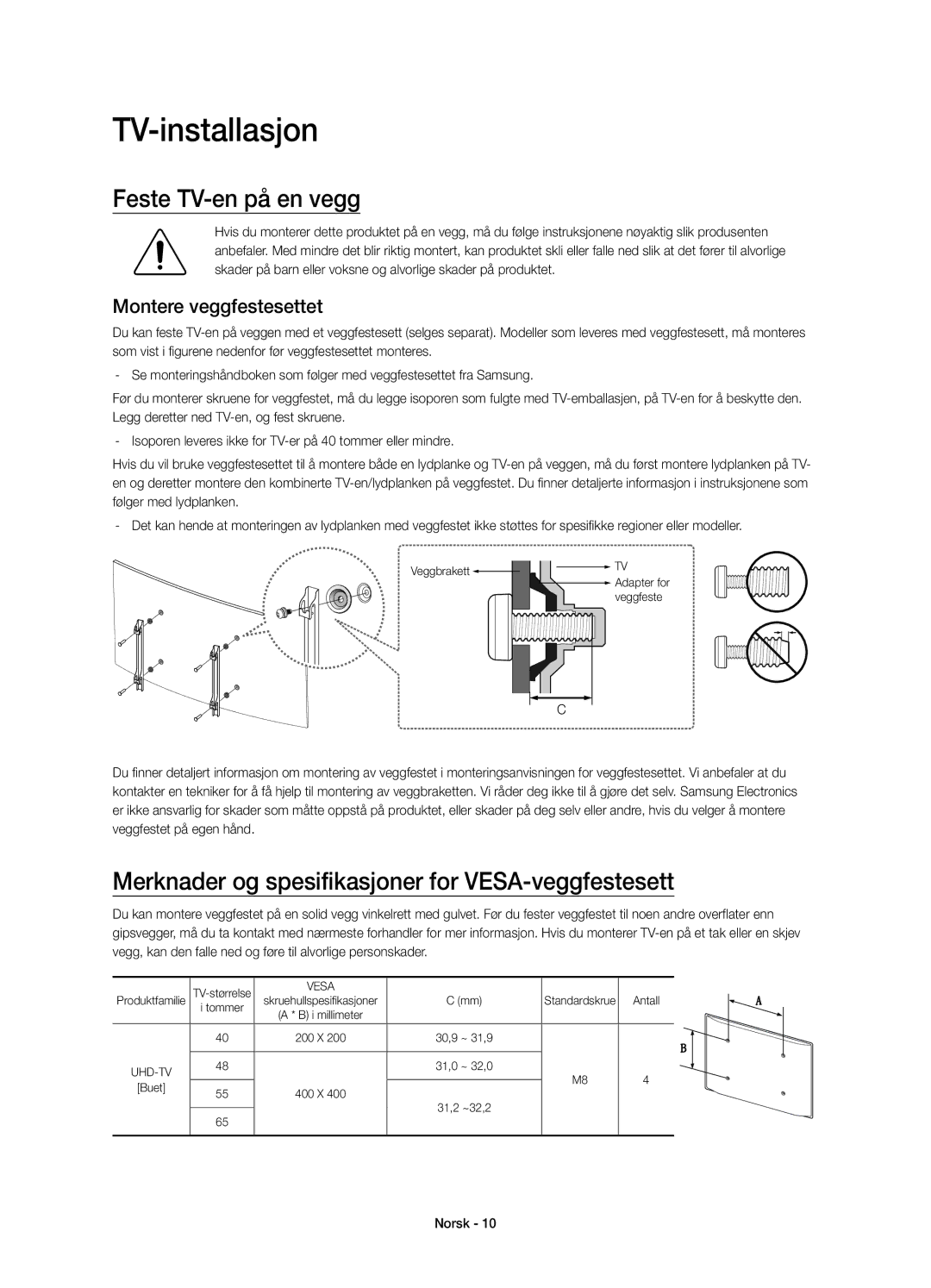 Samsung UE55JU6515UXXE manual TV-installasjon, Feste TV-en på en vegg, Merknader og spesifikasjoner for VESA-veggfestesett 