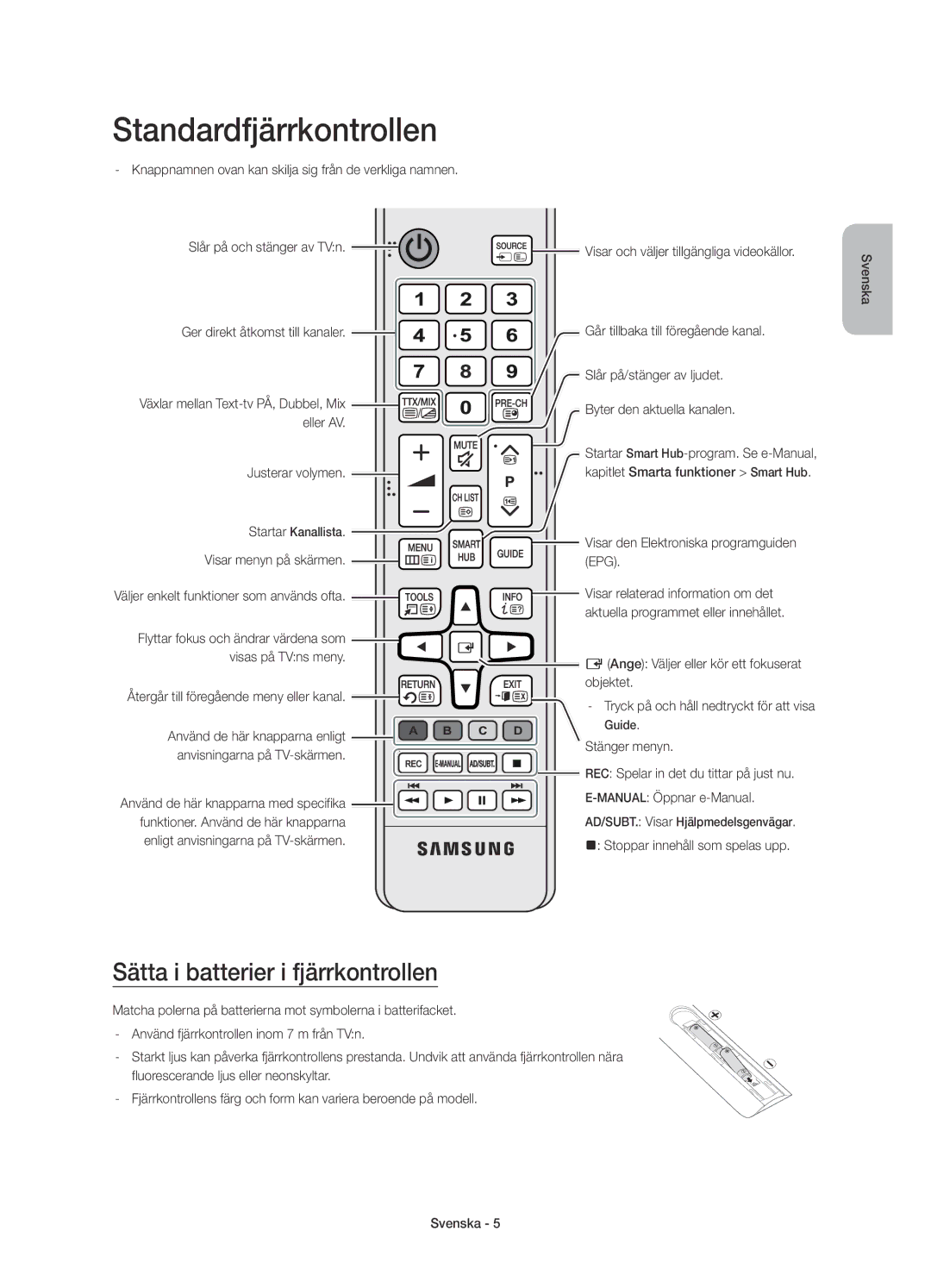 Samsung UE48JU7505TXXE, UE65JU7505TXXE, UE78JU7505TXXE manual Standardfjärrkontrollen, Sätta i batterier i fjärrkontrollen 