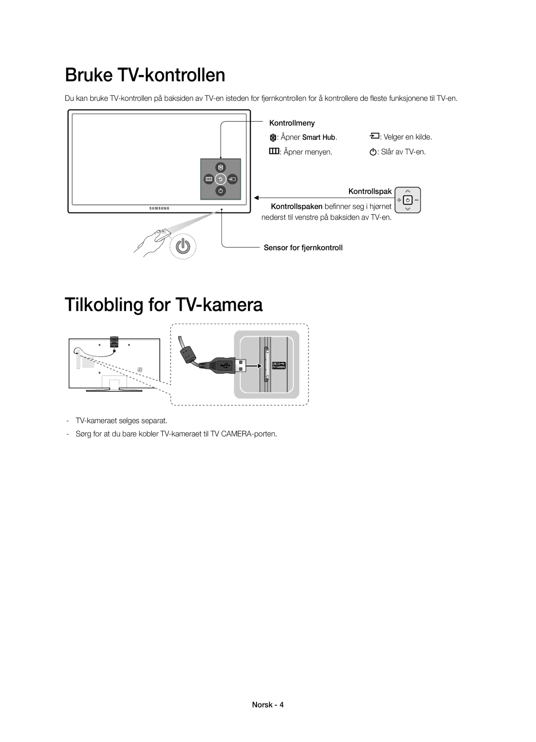 Samsung UE55JU7505TXXE Bruke TV-kontrollen, Tilkobling for TV-kamera, Åpner menyen, Kontrollspak, Sensor for fjernkontroll 