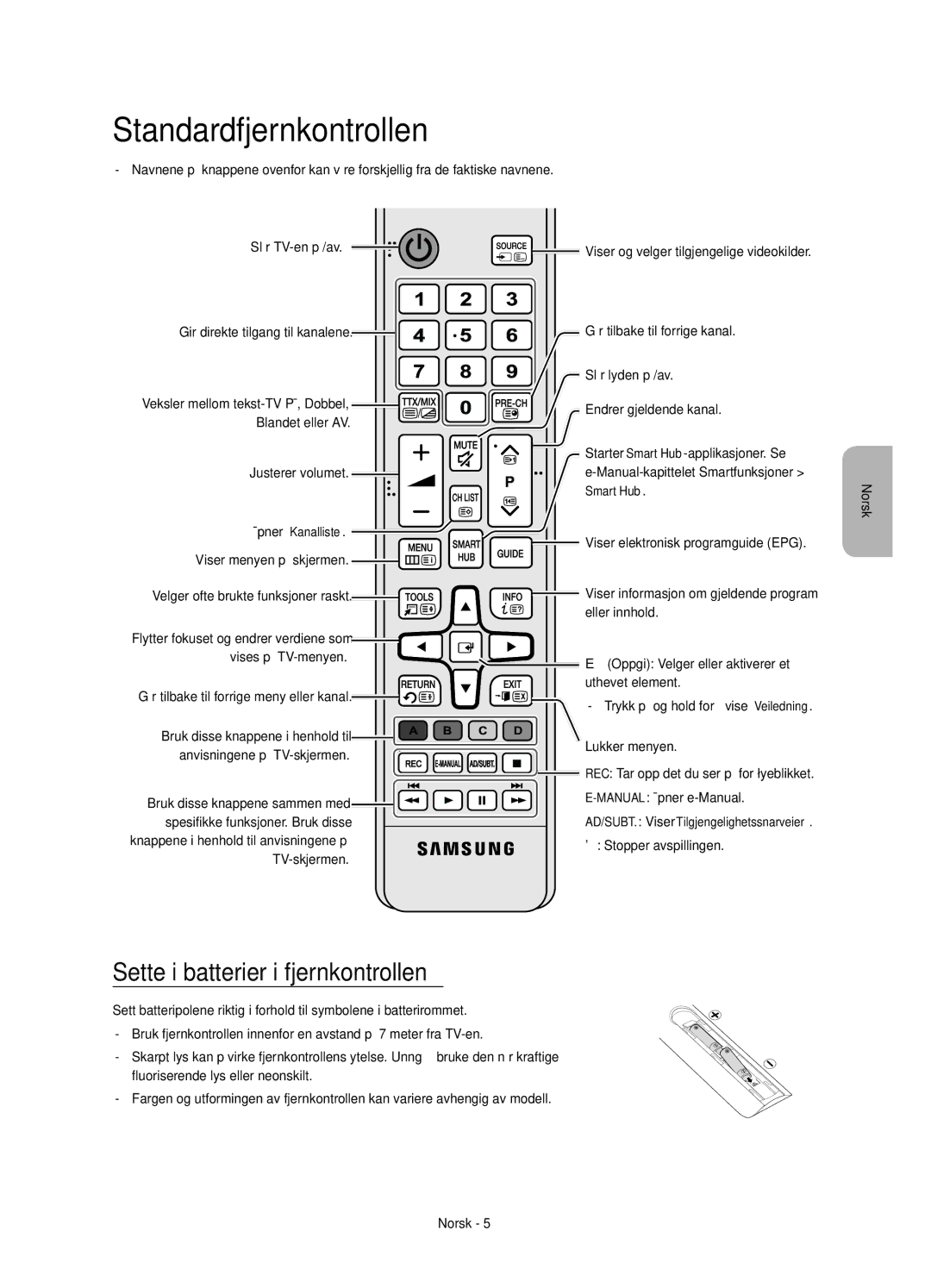 Samsung UE48JU7505TXXE, UE65JU7505TXXE, UE78JU7505TXXE manual Standardfjernkontrollen, Sette i batterier i fjernkontrollen 