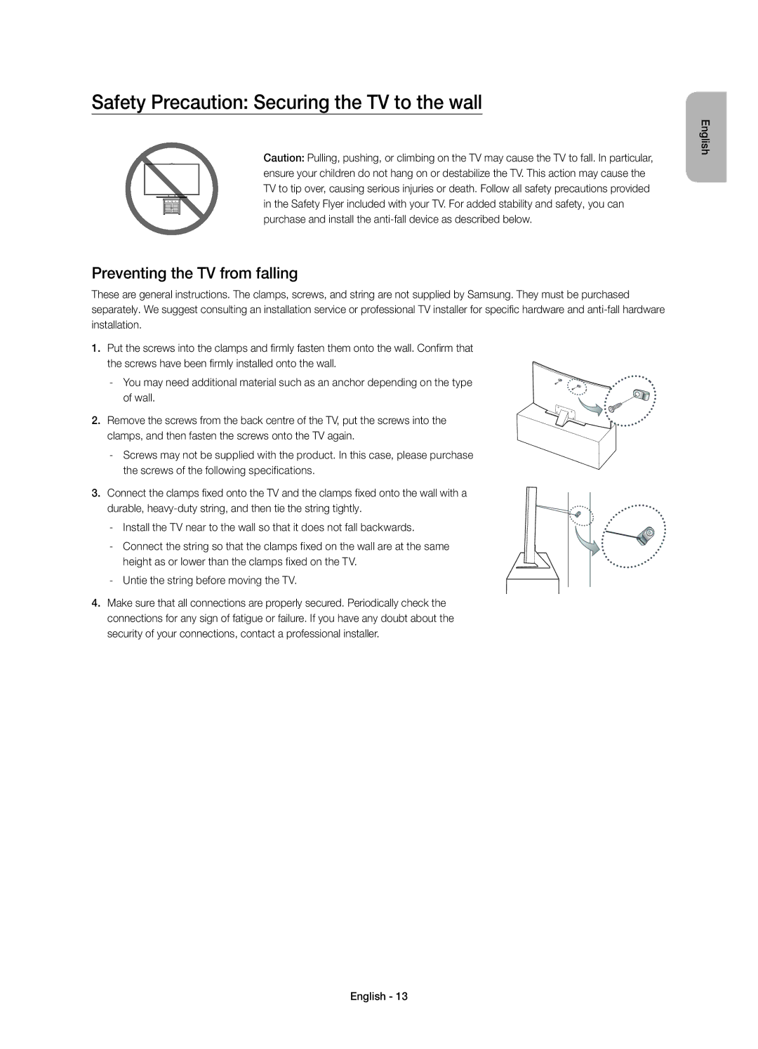 Samsung UE48JU7580TXZG, UE65JU7590TXZG manual Safety Precaution Securing the TV to the wall, Preventing the TV from falling 