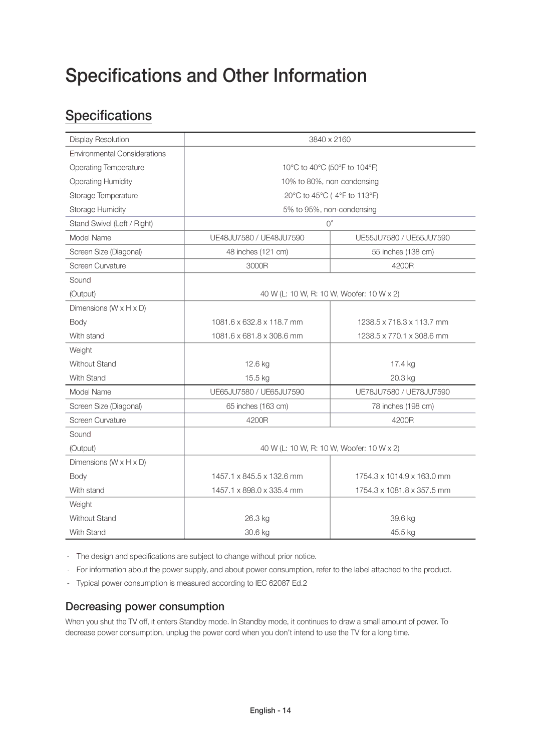 Samsung UE55JU7580TXZG, UE65JU7590TXZG, UE78JU7590TXZG Specifications and Other Information, Decreasing power consumption 