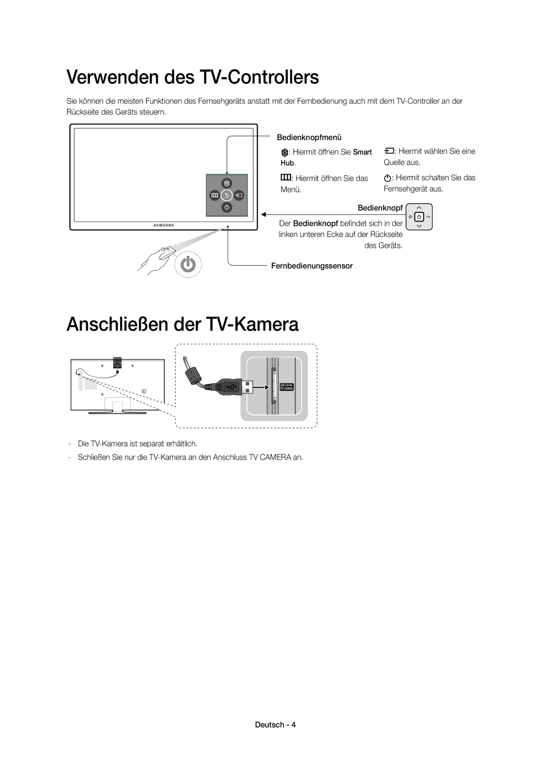 Samsung UE55JU7590TXZG, UE65JU7590TXZG, UE78JU7590TXZG Verwenden des TV-Controllers, Anschließen der TV-Kamera, Quelle aus 