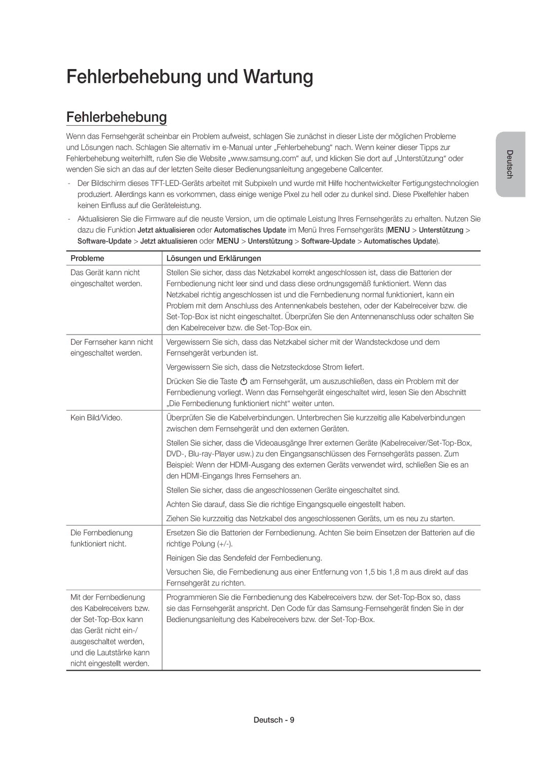 Samsung UE78JU7580TXZG, UE65JU7590TXZG, UE78JU7590TXZG, UE55JU7590TXZG, UE48JU7590TXZG manual Fehlerbehebung und Wartung 