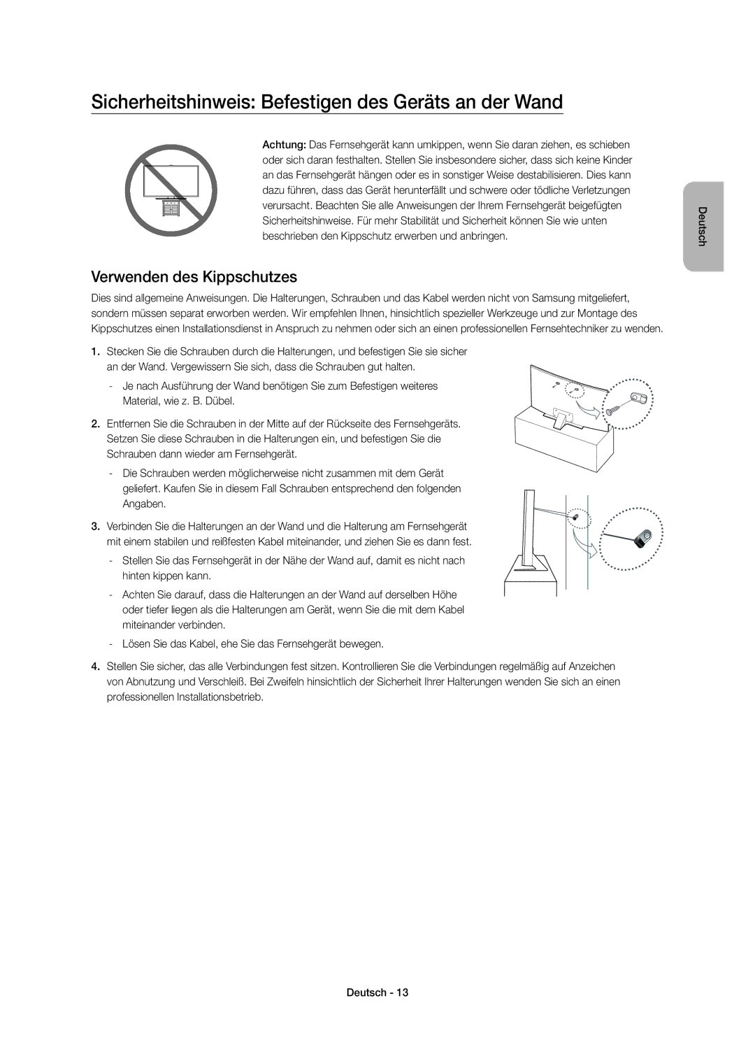 Samsung UE48JU7590TXZG, UE65JU7590TXZG Sicherheitshinweis Befestigen des Geräts an der Wand, Verwenden des Kippschutzes 