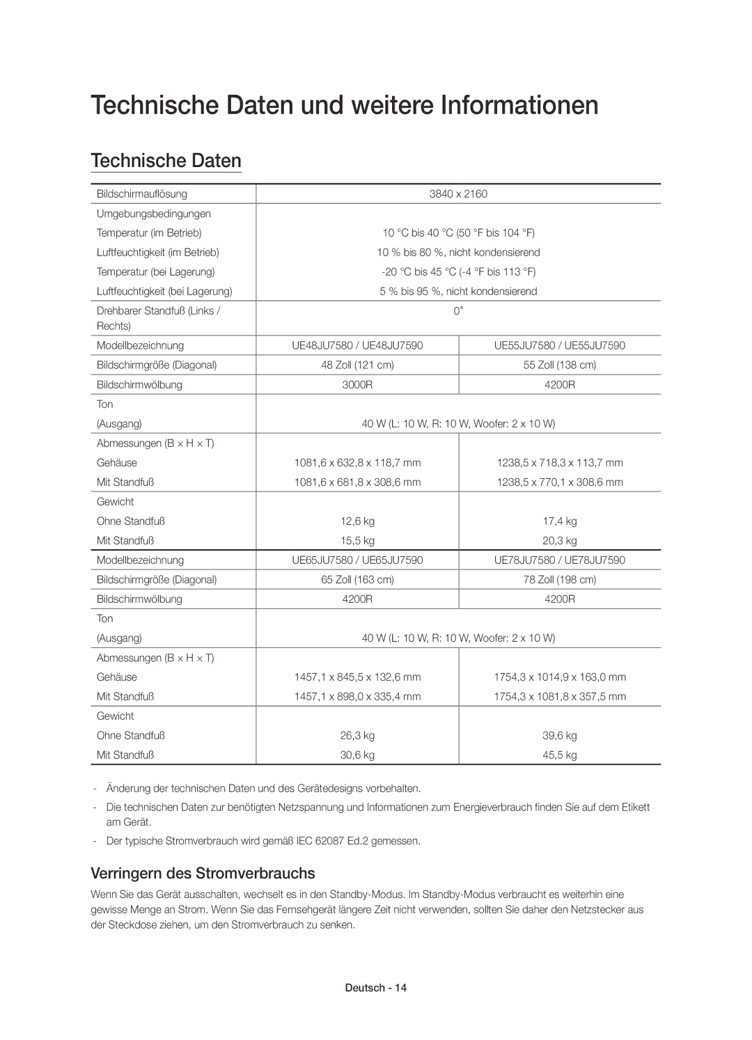 Samsung UE65JU7580TXZG, UE65JU7590TXZG manual Technische Daten und weitere Informationen, Verringern des Stromverbrauchs 